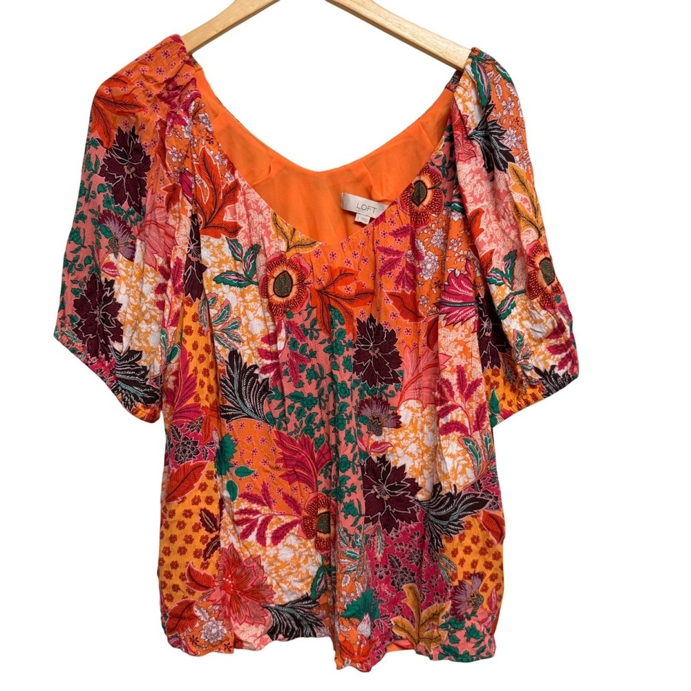 LOFT Blouse Large Floral Print V-Neck Short Sleeve Colorful Top Orange‎